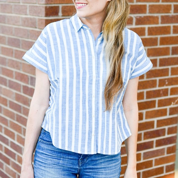 Madewell cropped button-down shirt in soft blue stripes size S - Picture 9 of 9